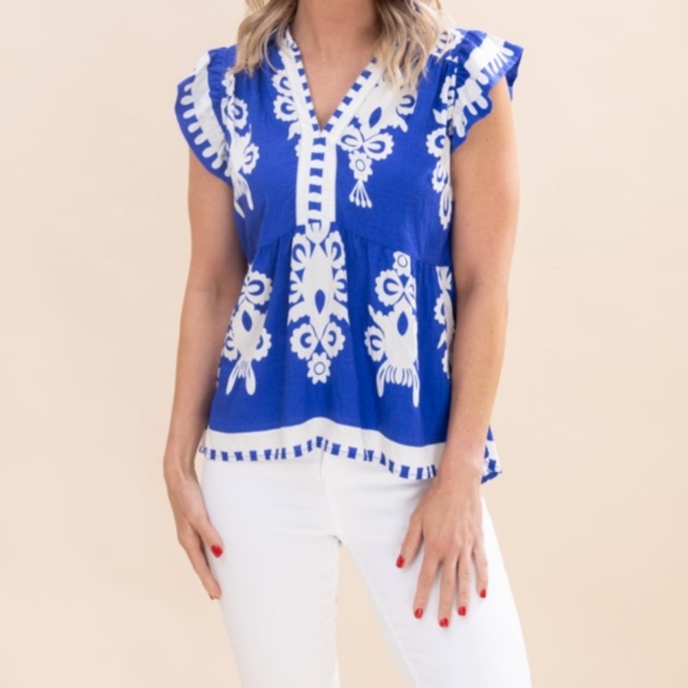 NWT Blue and White Floral Peplum Top by Umgee - Picture 4 of 4